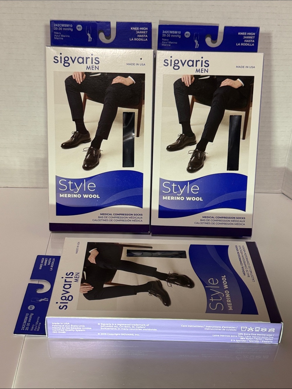3 prs Sigvaris Men Style Merino Wool Knee-High Compression Socks - Navy Sz MS